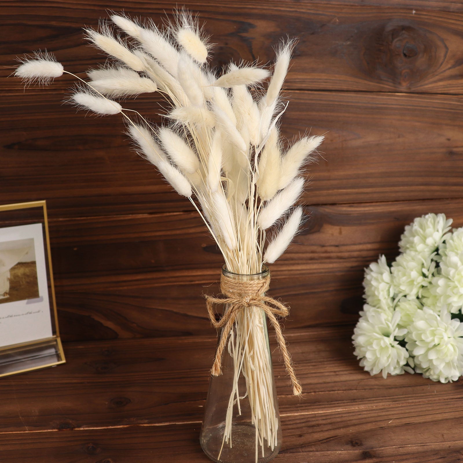 50 Pack Natural White Rabbit Tail Dried Pampas Grass Flower Bouquets, Boho Stem Arrangements 15"