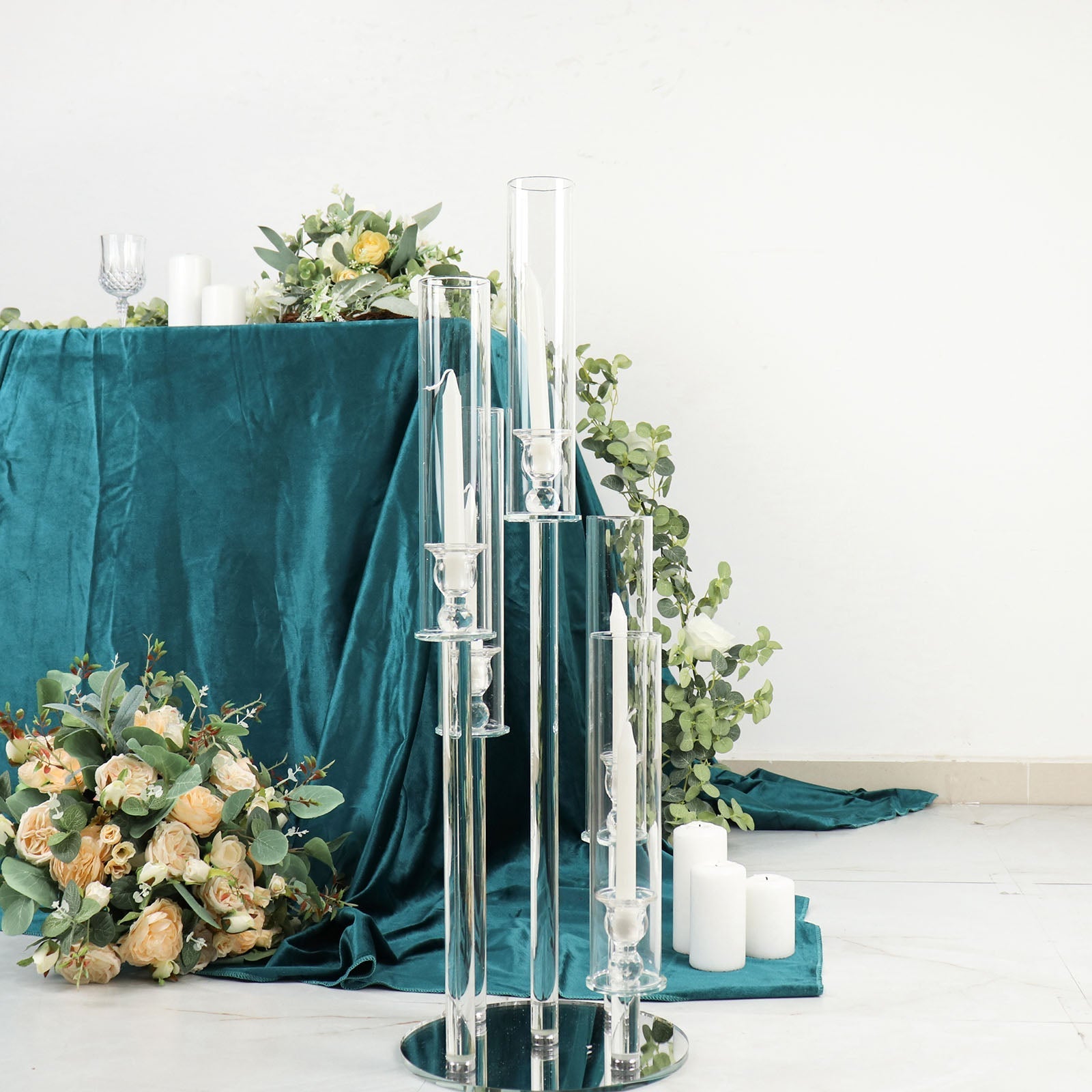 Clear 5-Arm Crystal Round Glass Taper Candle Candelabra, Pillar Candle Holder Wedding Centerpiece 32" Tall
