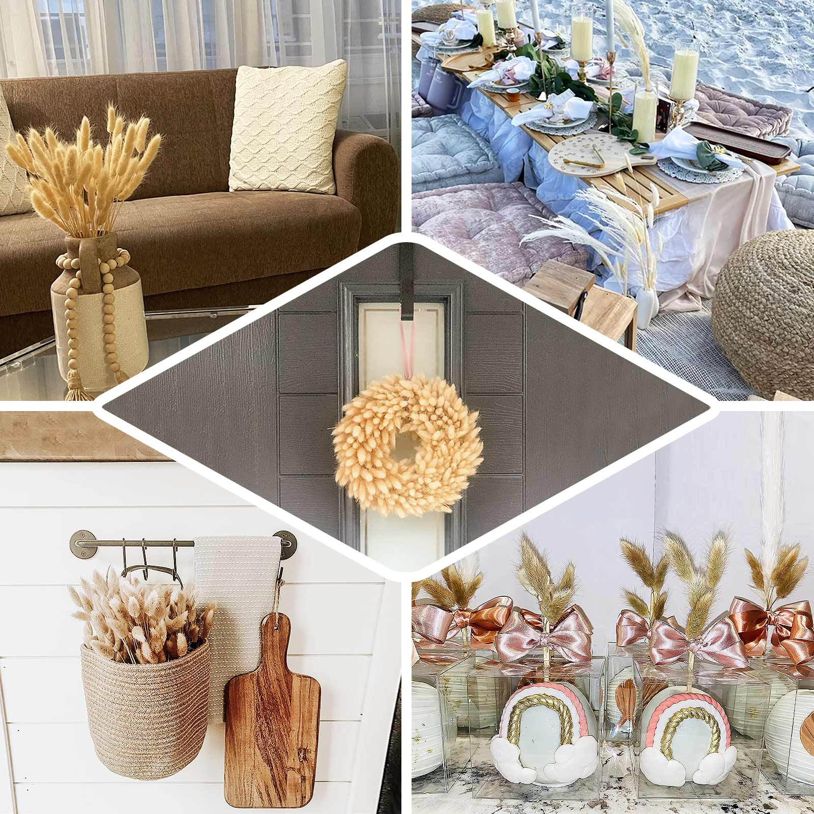 50 Pack Natural White Rabbit Tail Dried Pampas Grass Flower Bouquets, Boho Stem Arrangements 15"