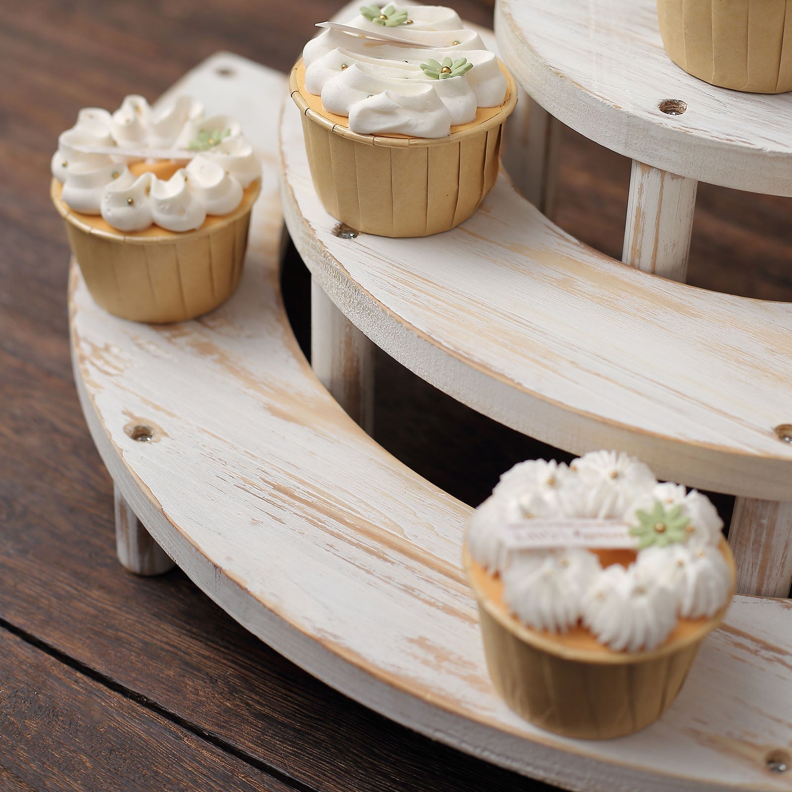 Set of 3 Rustic Whitewashed Wood 3-Tier Semicircle Dessert Pedestals, Half Moon Cupcake Display Risers 7", 13", 18"