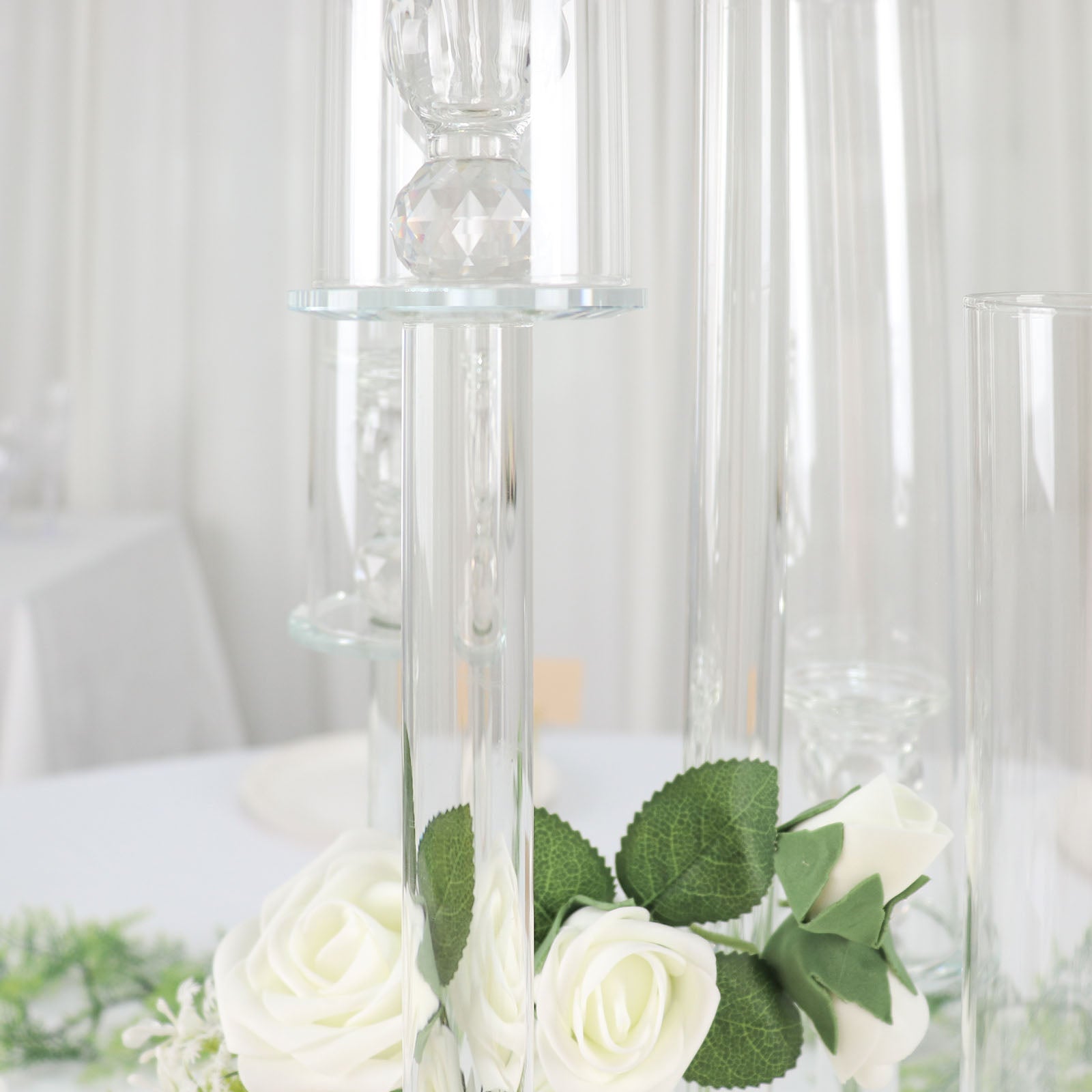 Clear 5-Arm Crystal Round Glass Taper Candle Candelabra, Pillar Candle Holder Wedding Centerpiece 32" Tall