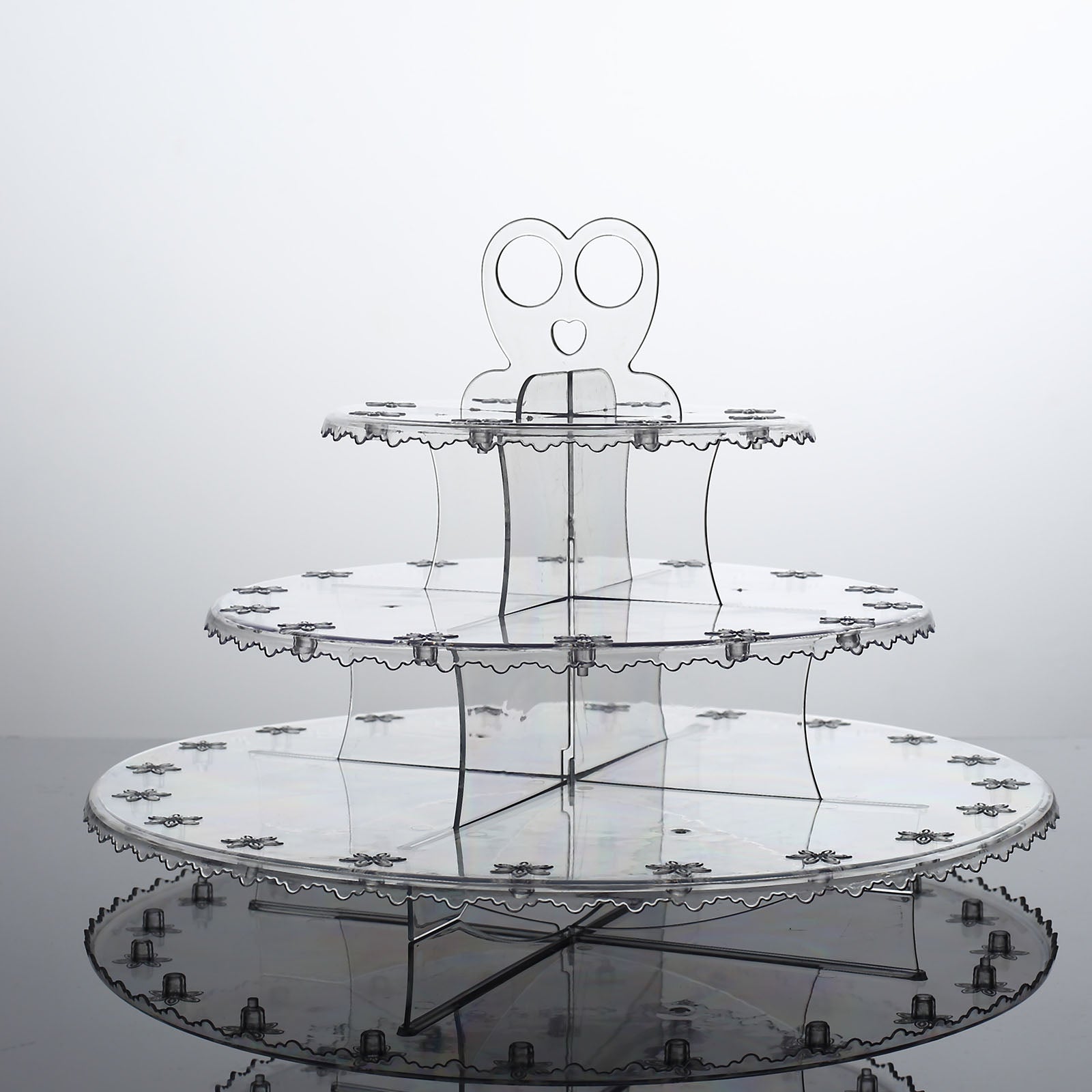 Clear 3-Tier Round Reusable Plastic Cake Pop Holder Cupcake Stand Dessert Tower With Floral Cut Rims 12"