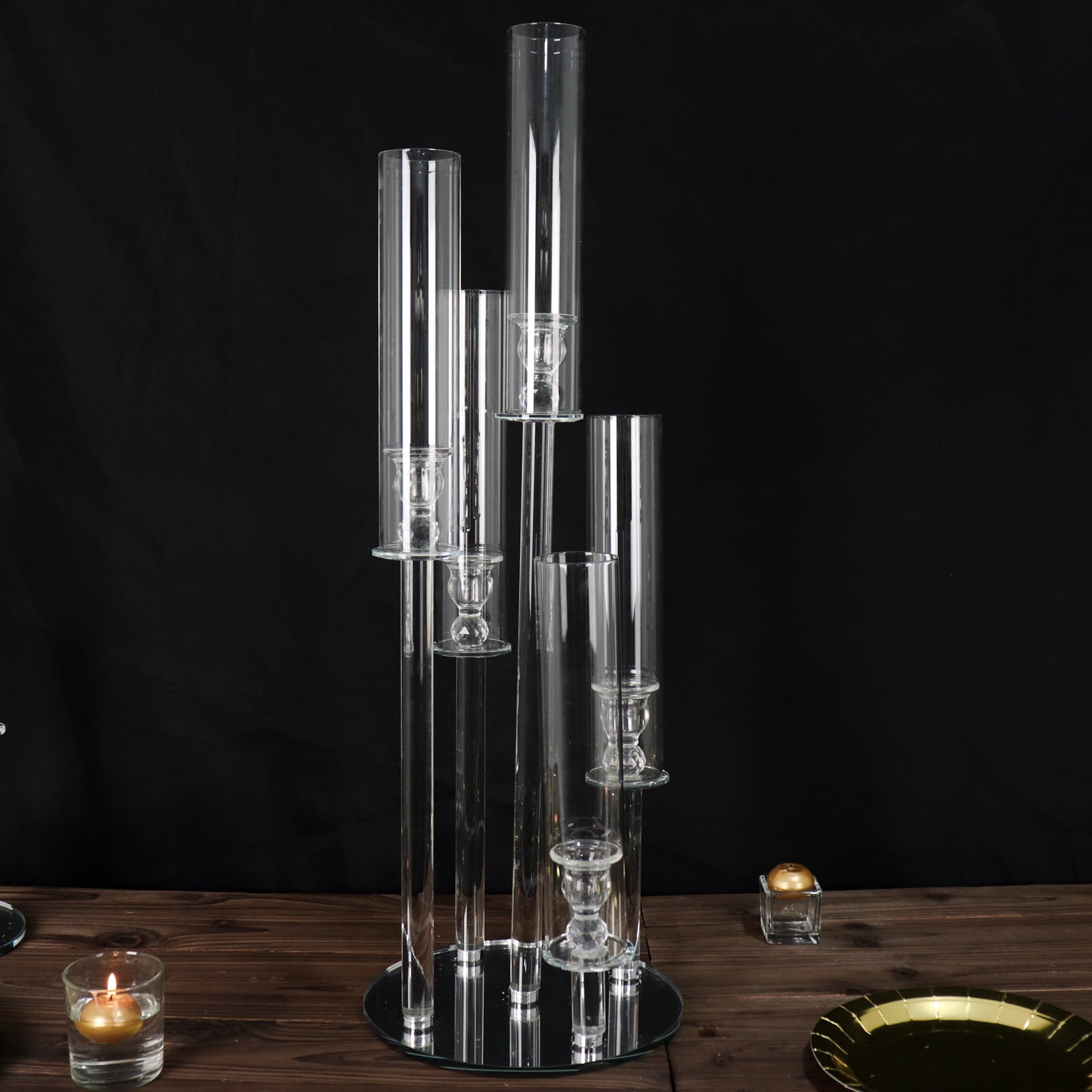 Clear 5-Arm Crystal Round Glass Taper Candle Candelabra, Pillar Candle Holder Wedding Centerpiece 32" Tall