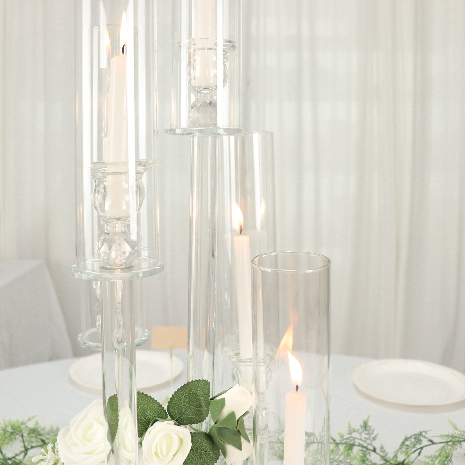 Clear 5-Arm Crystal Round Glass Taper Candle Candelabra, Pillar Candle Holder Wedding Centerpiece 32" Tall