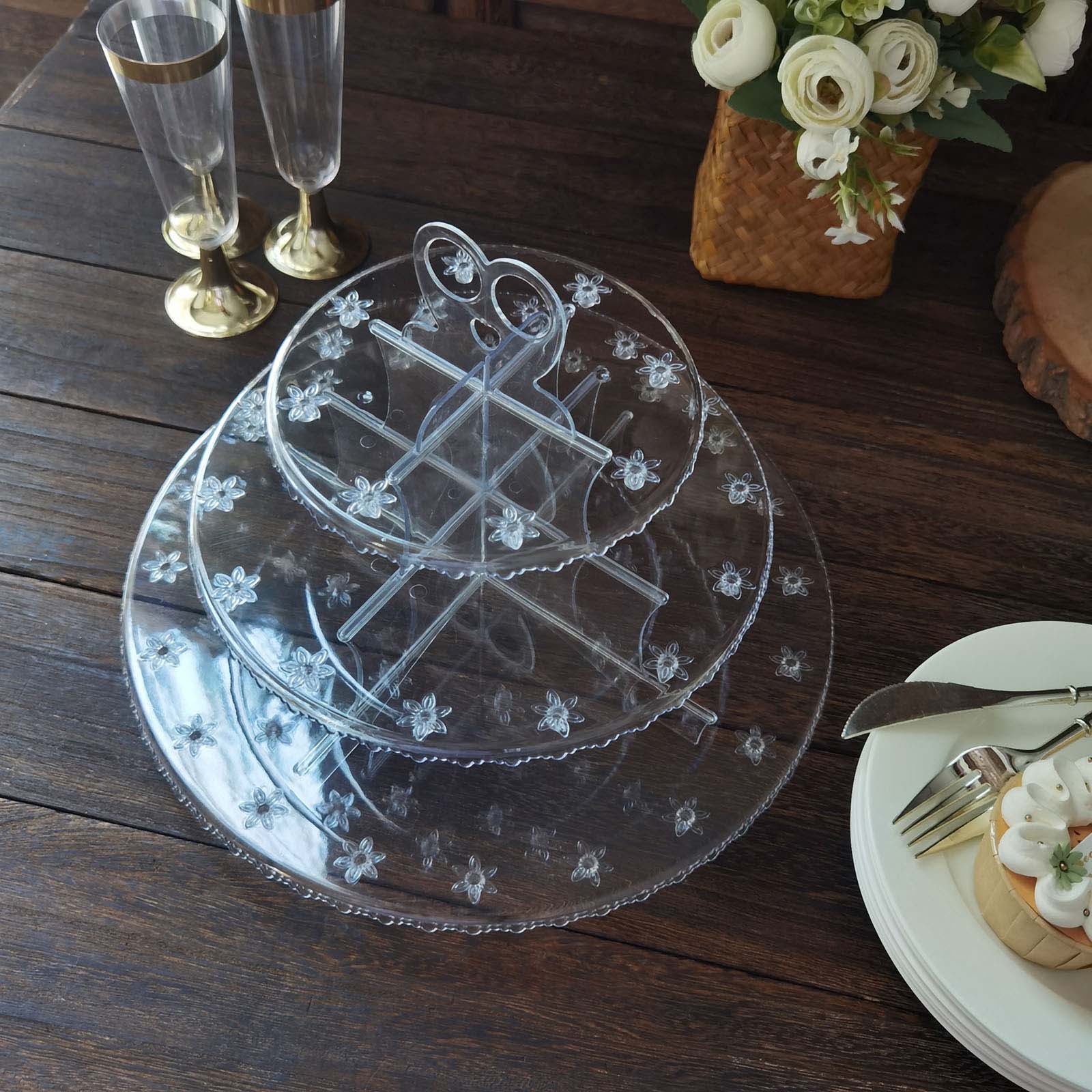Clear 3-Tier Round Reusable Plastic Cake Pop Holder Cupcake Stand Dessert Tower With Floral Cut Rims 12"