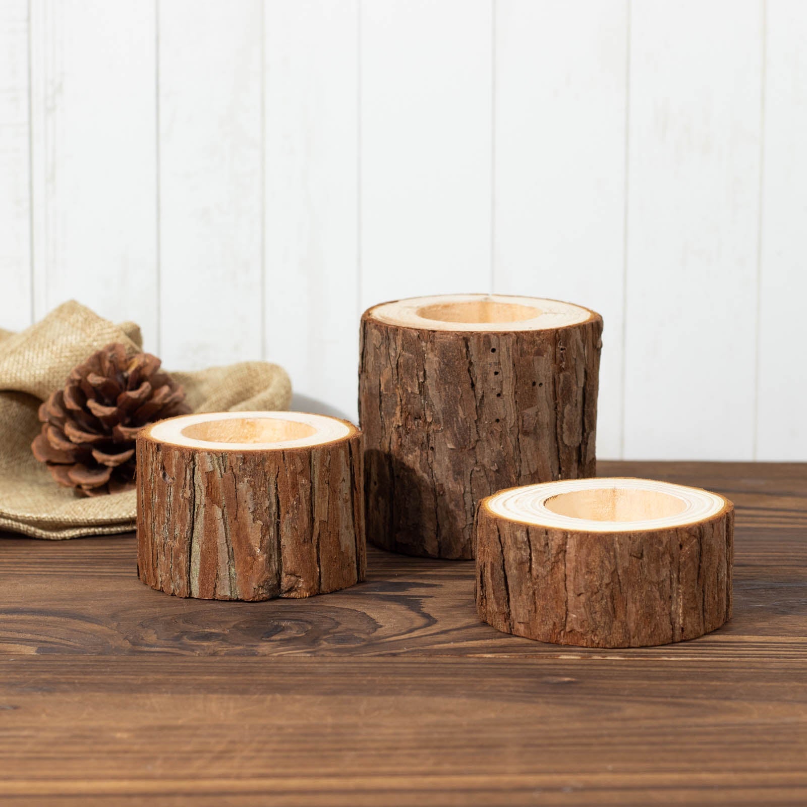 Set of 3 Assorted Farmhouse Wood Slice Votive Candle Holders, Rustic Tree Branch Wedding Table Décor 2.75", 1.5", 1.25"