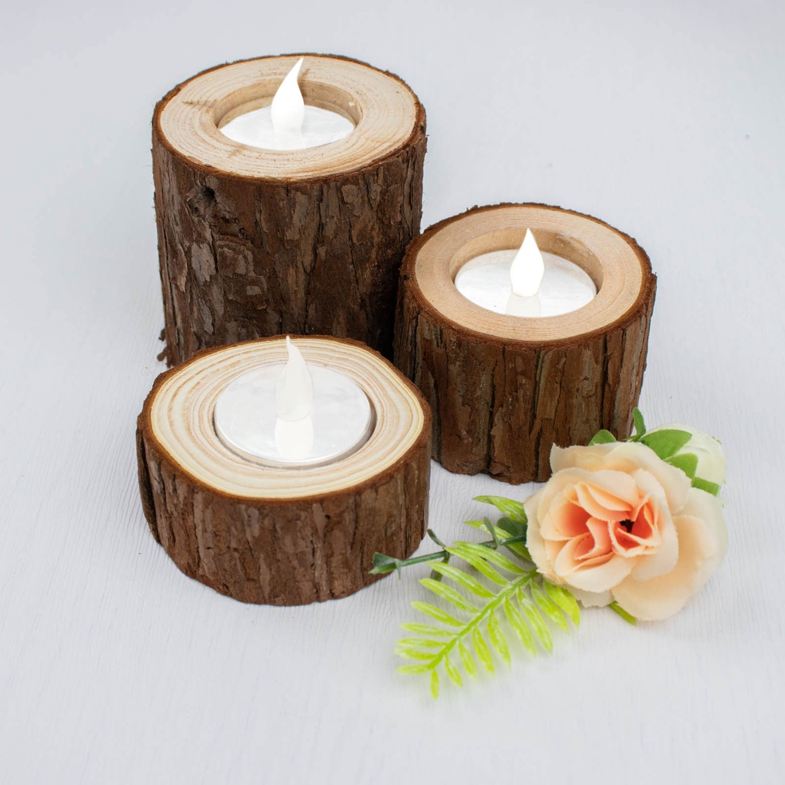 Set of 3 Assorted Farmhouse Wood Slice Votive Candle Holders, Rustic Tree Branch Wedding Table Décor 2.75", 1.5", 1.25"